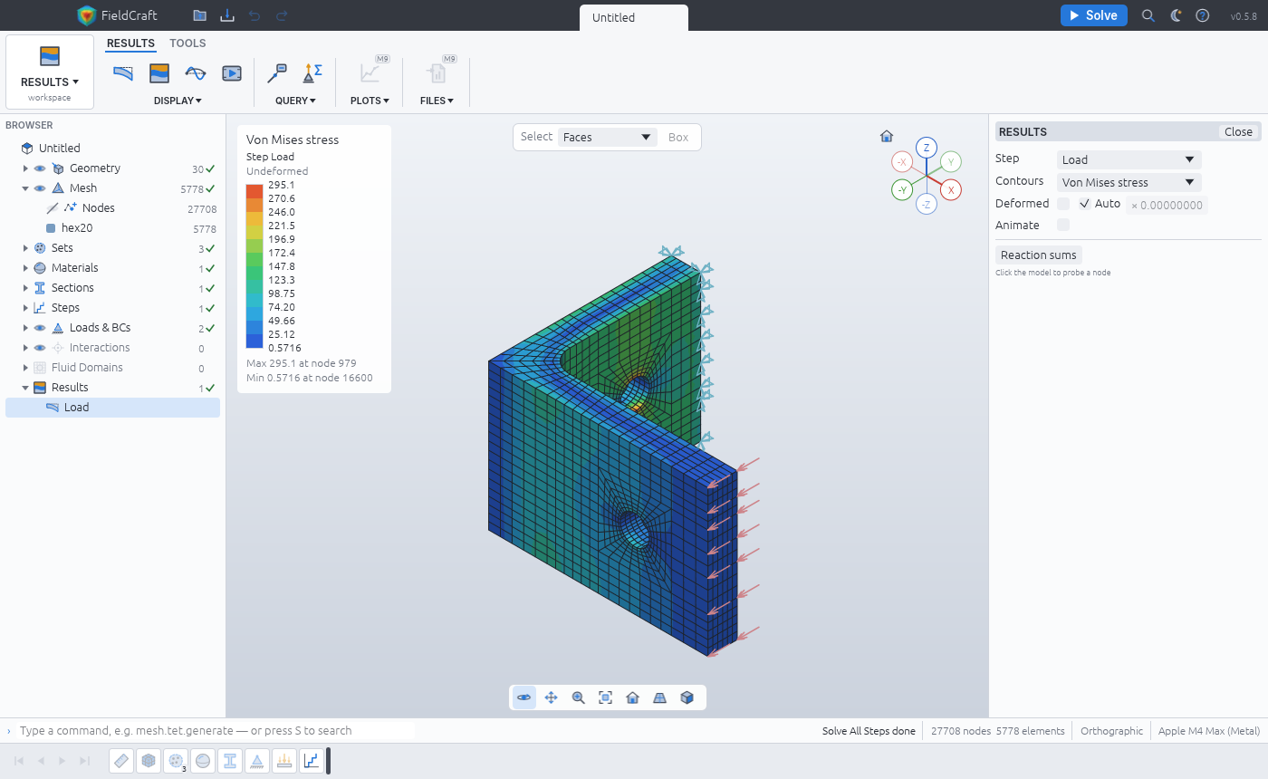 Von Mises stress on the all-hex bracket, O-grids round both holes, peaking at the upright's hole