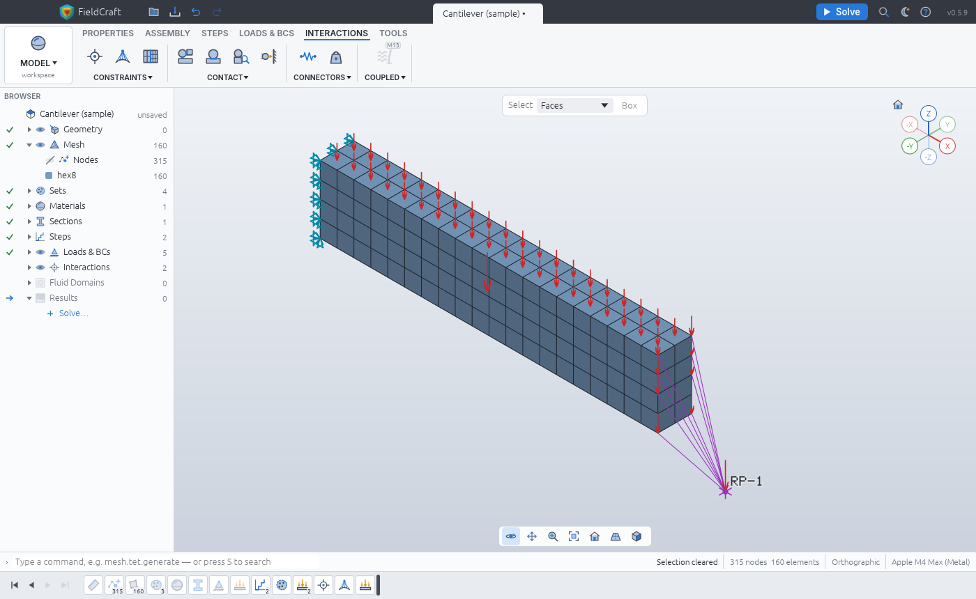 The FieldCraft window: a clamped cantilever with its supports, pressure, gravity and a coupled reference point drawn in the viewport