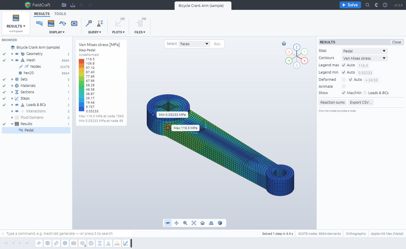 Von Mises stress on the structured all-hex crank arm, the arm root and the square bore carrying the most