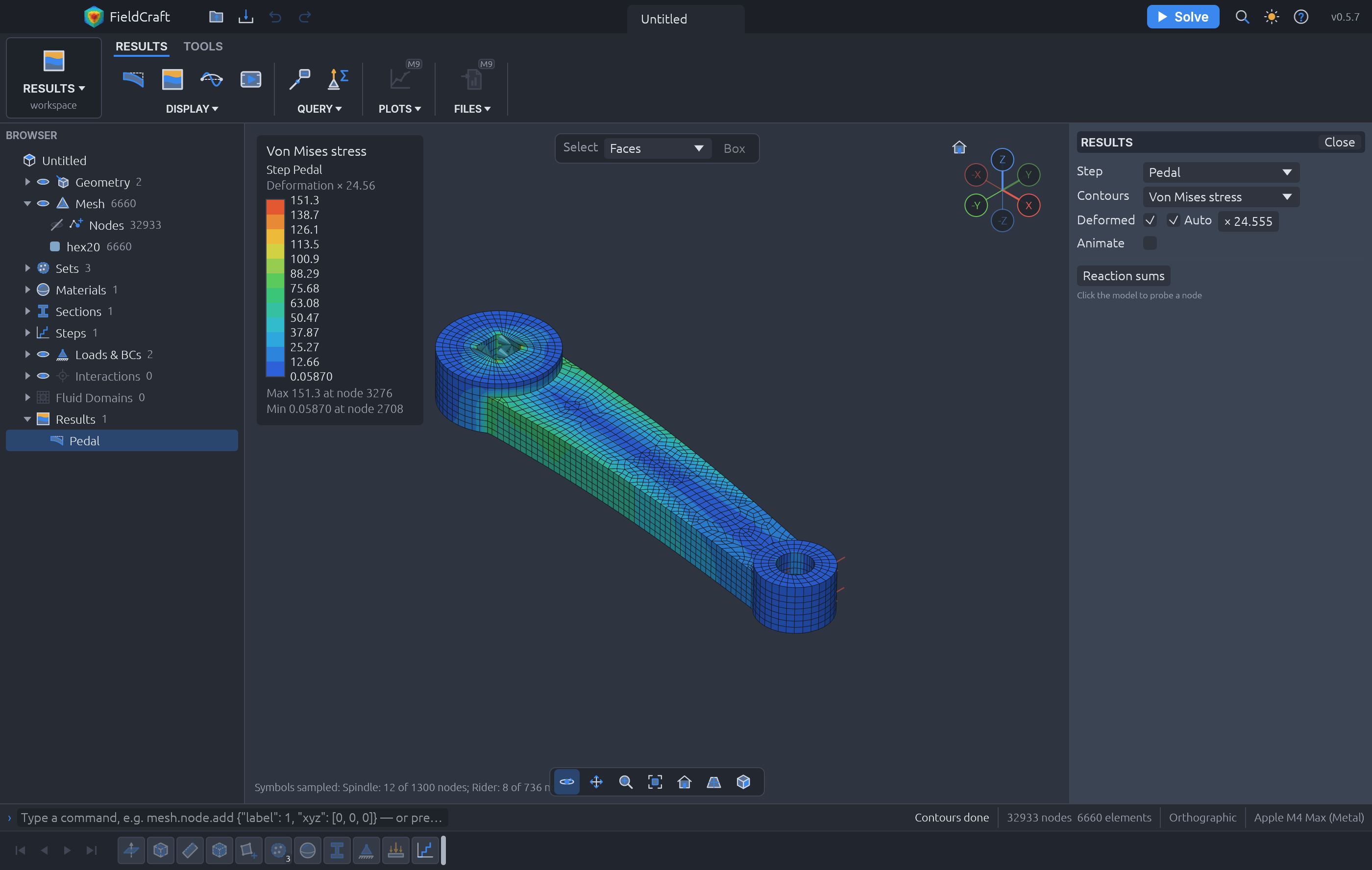 Von Mises stress on the mirrored crank arm: one swept half and its mirror image, one mesh