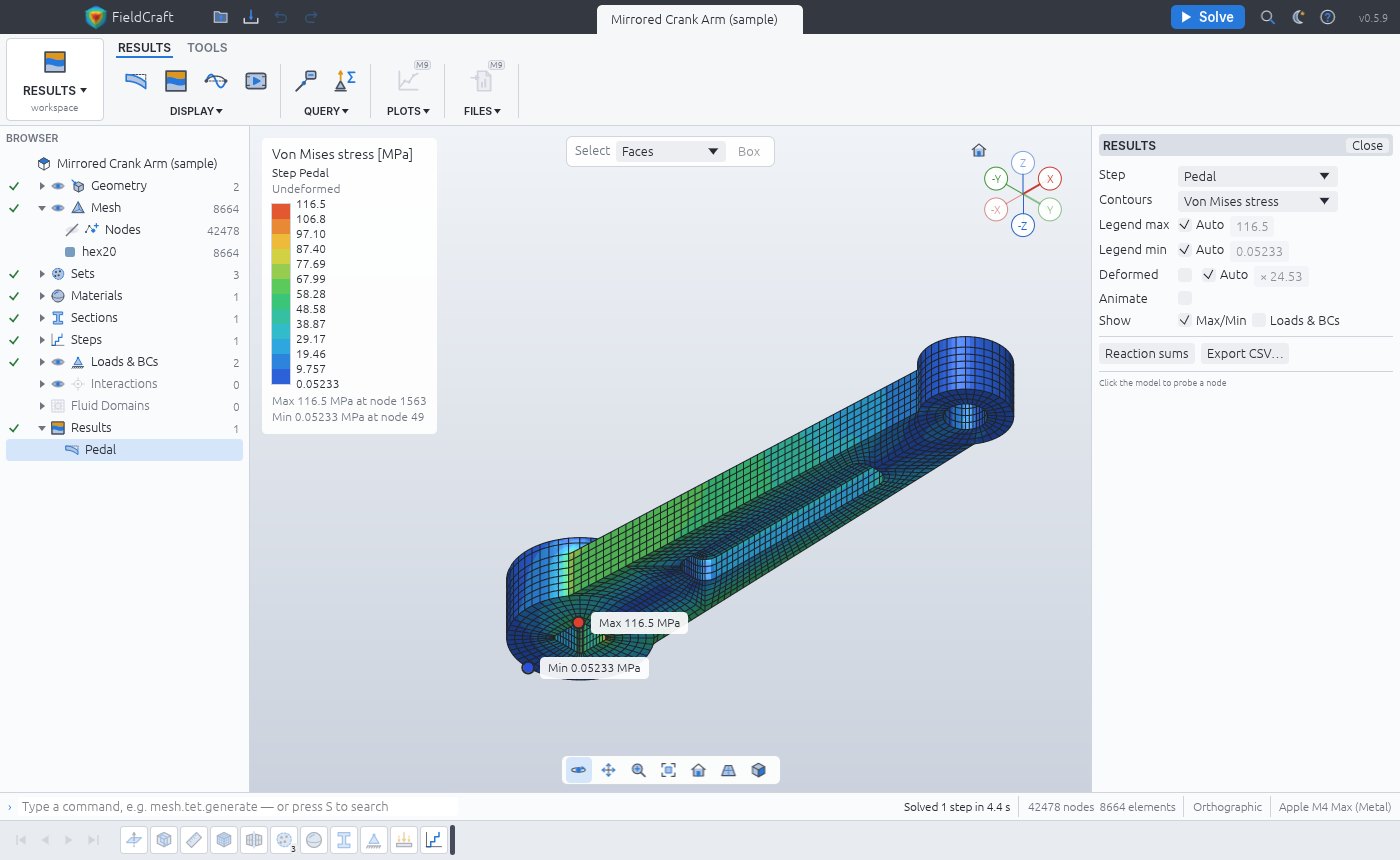 Von Mises stress on the crank arm from below: the pocket ringed by mapped rows, the half and its mirror image one mesh