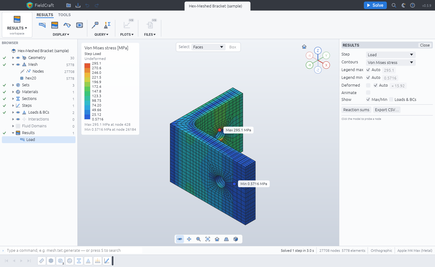 Von Mises stress on the all-hex bracket, O-grids round both holes, peaking at the upright's hole