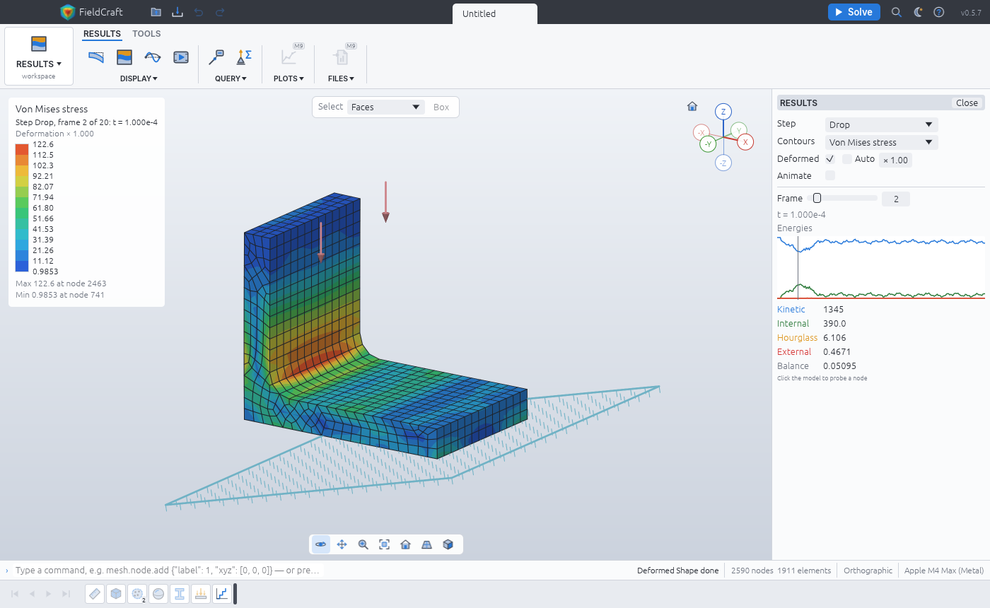 The bracket at 0.1 ms after striking the tilted floor, von Mises stress up to 123 MPa in the bend
