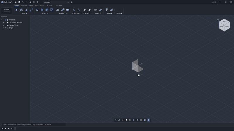 An AI agent builds a parametric enclosure in SolveCraft over MCP, then the width is changed in the Parameters dialog and the model rebuilds (3x speed)