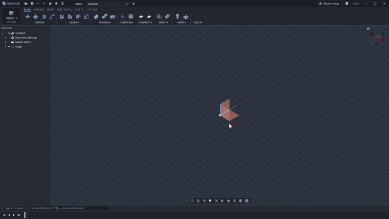 SolidCraft 0.6: model a Raspberry Pi 4 case from an empty design: a sketch dimensioned with parameters, extrude, fillets and shell, standoffs patterned on the board's mounting holes, port cut-outs, vent slots, a colour and a height change in Parameters