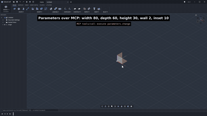 SolveCraft: draw a rounded electronics enclosure, sketch its USB port directly on a face, add four mounting bosses and resize it through Parameters
